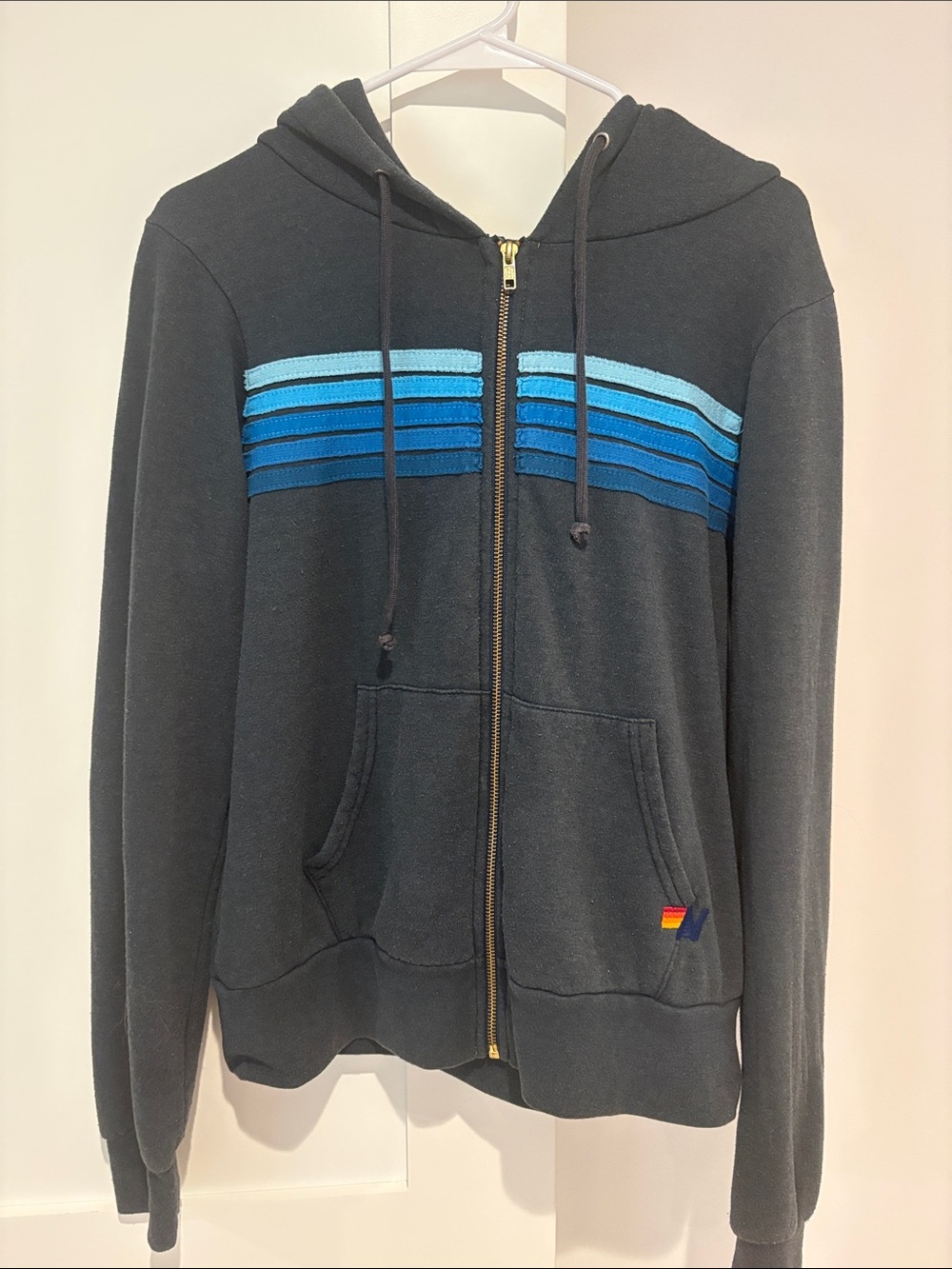 Aviator Nation Navy Zip Hoodie with Blue Stripe detail, Size S